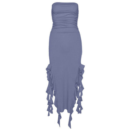 Strapless Ruched Waterfall Ruffle Asymmetric Hem Bodycon Mini Dress