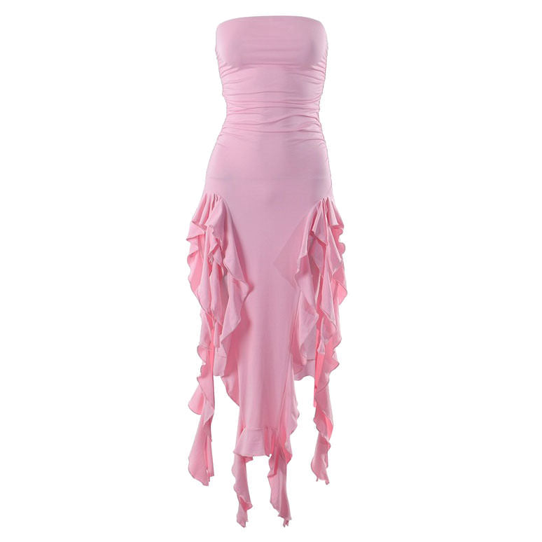 Strapless Ruched Waterfall Ruffle Asymmetric Hem Bodycon Mini Dress