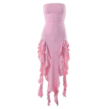 Strapless Ruched Waterfall Ruffle Asymmetric Hem Bodycon Mini Dress