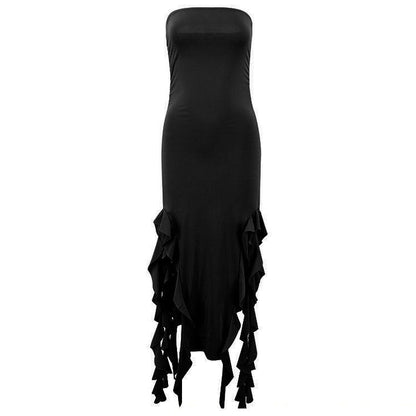 Strapless Ruched Waterfall Ruffle Asymmetric Hem Bodycon Mini Dress