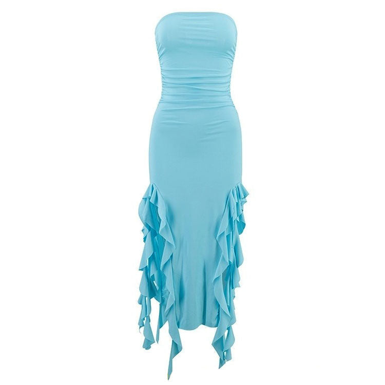 Strapless Ruched Waterfall Ruffle Asymmetric Hem Bodycon Mini Dress
