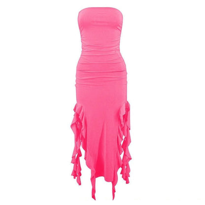 Strapless Ruched Waterfall Ruffle Asymmetric Hem Bodycon Mini Dress