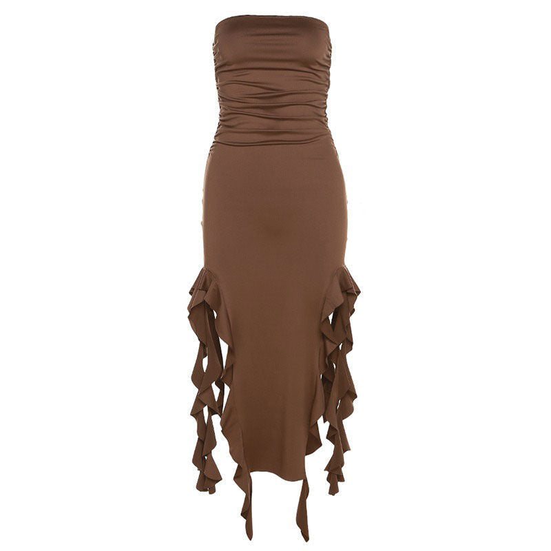 Strapless Ruched Waterfall Ruffle Asymmetric Hem Bodycon Mini Dress