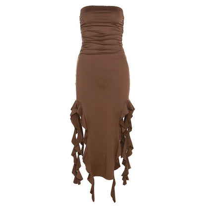 Strapless Ruched Waterfall Ruffle Asymmetric Hem Bodycon Mini Dress
