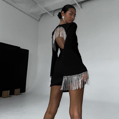 Halter Neck Rhinestone Chain Backless Mini Dress