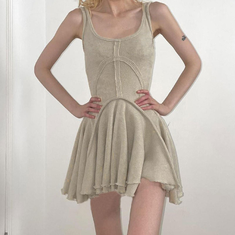 Scoop Neck Exposed Seam Lettuce Hem Fit and Flare Tank Mini Dress