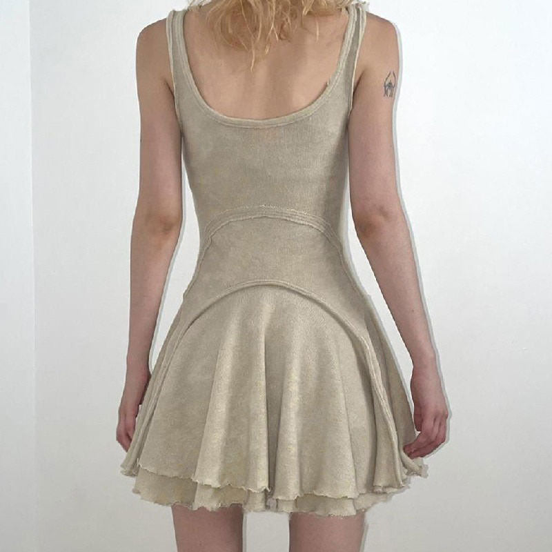 Scoop Neck Exposed Seam Lettuce Hem Fit and Flare Tank Mini Dress
