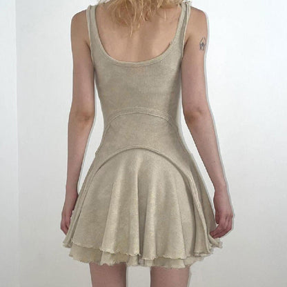 Scoop Neck Exposed Seam Lettuce Hem Fit and Flare Tank Mini Dress