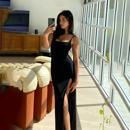 Square Neck Spaghetti Strap Lace Trim High Slit Slip Maxi Dress