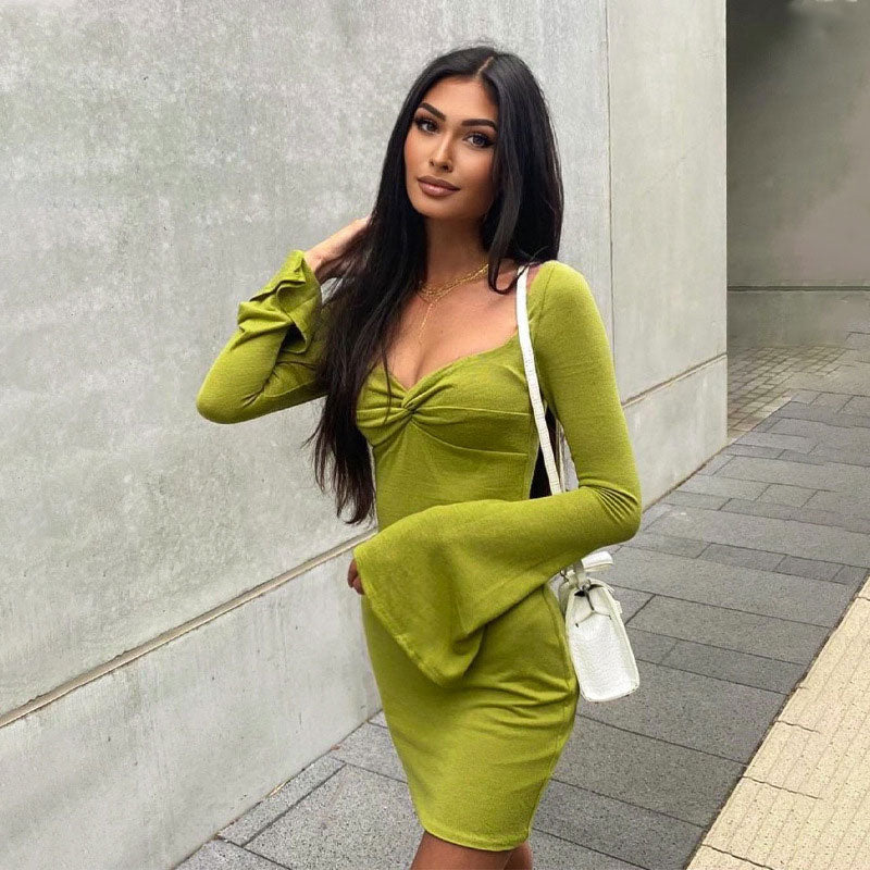 Sweetheart Neck Twist Front Bell Sleeve Bodycon Mini Dress