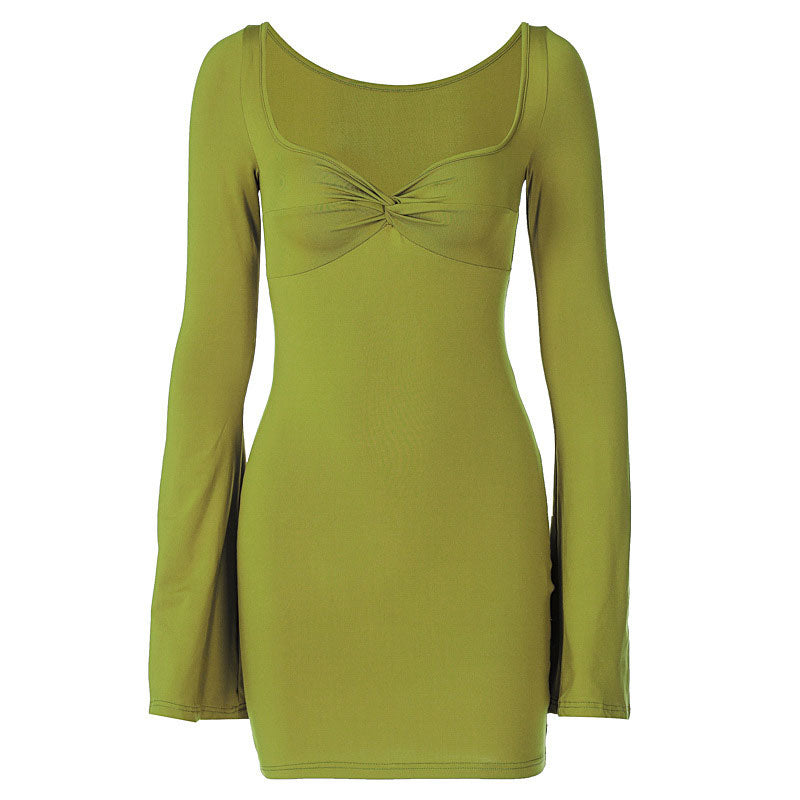 Sweetheart Neck Twist Front Bell Sleeve Bodycon Mini Dress