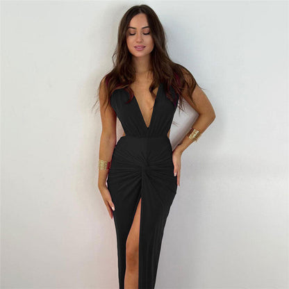 Deep V Sleeveless Twist Knot Side Cutout High Slit Maxi Dress