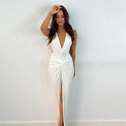 Twist Trim Deep V Sleeveless Front Slit Open Back Maxi Dress