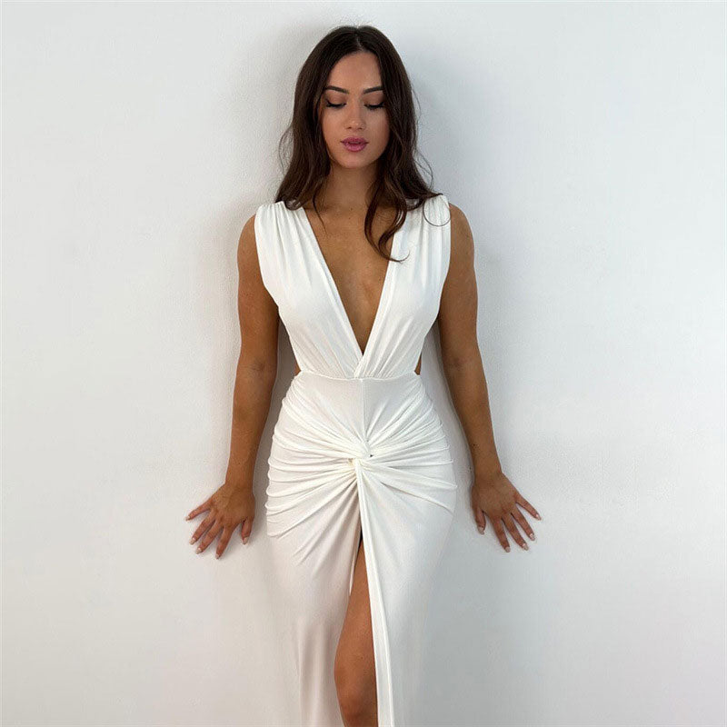 Twist Trim Deep V Sleeveless Front Slit Open Back Maxi Dress