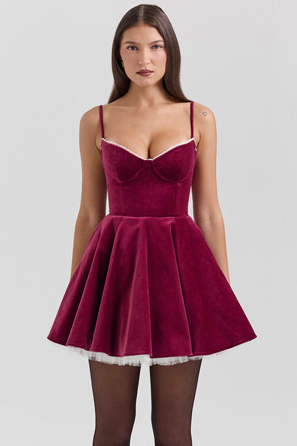 Sweetheart Neck Lace Trim Spaghetti Strap Velvet Tulle Skater Mini Dress
