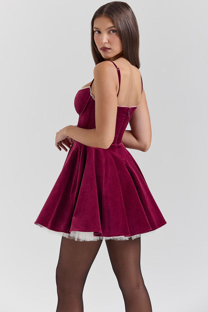 Sweetheart Neck Lace Trim Spaghetti Strap Velvet Tulle Skater Mini Dress