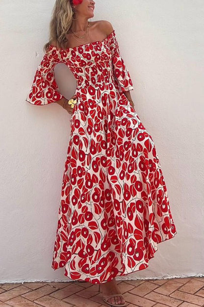 Off Shoulder Smocked Bodice Bell Cuff Floral Print Pocket Maxi Dress
