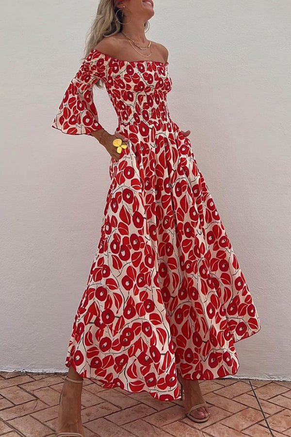 Off Shoulder Smocked Bodice Bell Cuff Floral Print Pocket Maxi Dress