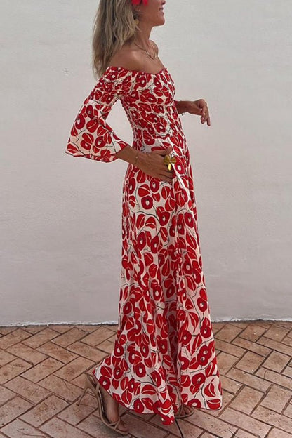 Off Shoulder Smocked Bodice Bell Cuff Floral Print Pocket Maxi Dress