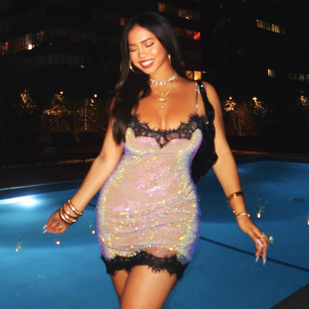 Sweetheart Rhinestone Lace Overlay Mini Dress