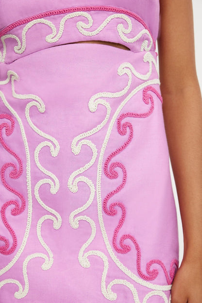 Boat Neck Waist Cutout Scroll Embroidery Structured Mini Dress