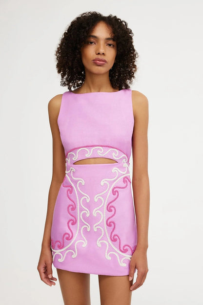 Boat Neck Waist Cutout Scroll Embroidery Structured Mini Dress