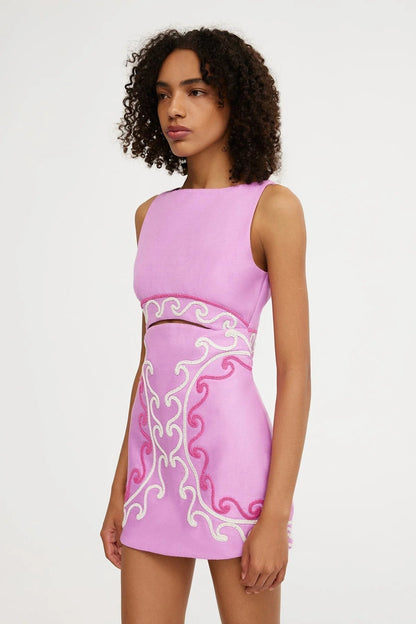 Boat Neck Waist Cutout Scroll Embroidery Structured Mini Dress