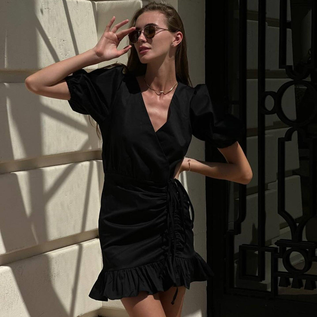 V Neck Puff Sleeve Wrap Ruched Ruffle Hem Cotton Mini Dress