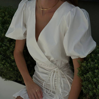 V Neck Puff Sleeve Wrap Ruched Ruffle Hem Cotton Mini Dress