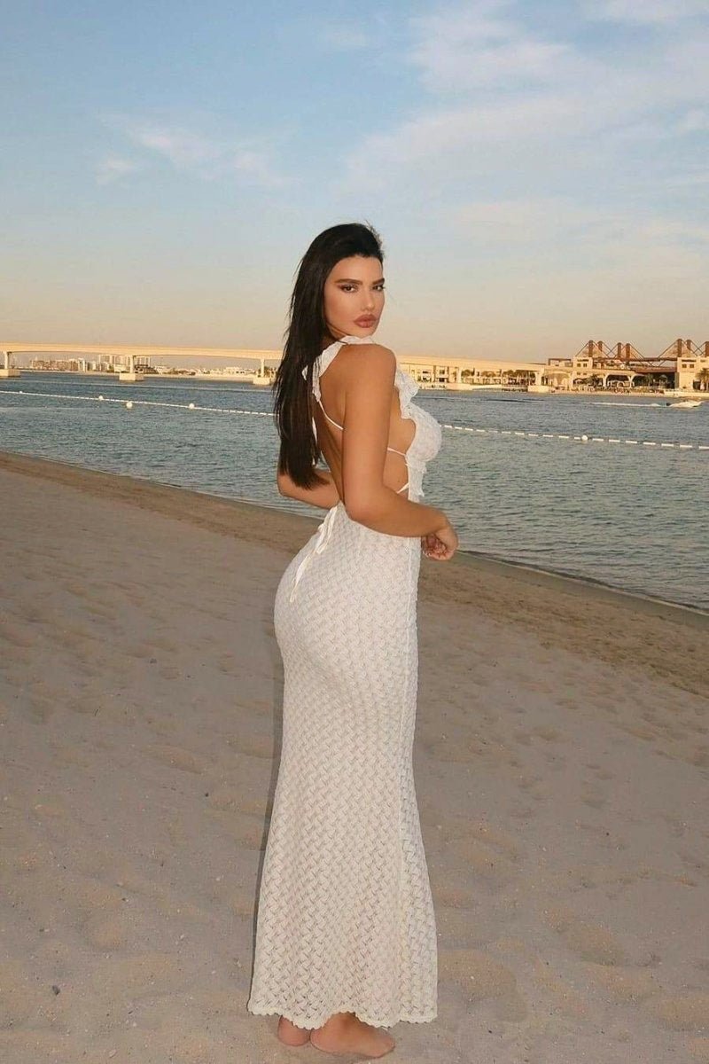 Deep V Neck Keyhole Empire Waist Crochet Open Knit Bodycon Maxi Dress