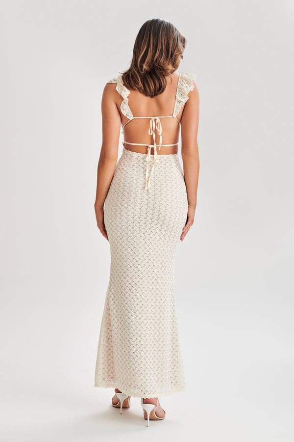 Deep V Neck Keyhole Empire Waist Crochet Open Knit Bodycon Maxi Dress