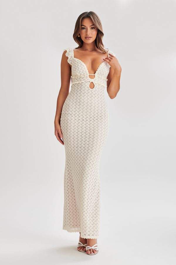Deep V Neck Keyhole Empire Waist Crochet Open Knit Bodycon Maxi Dress