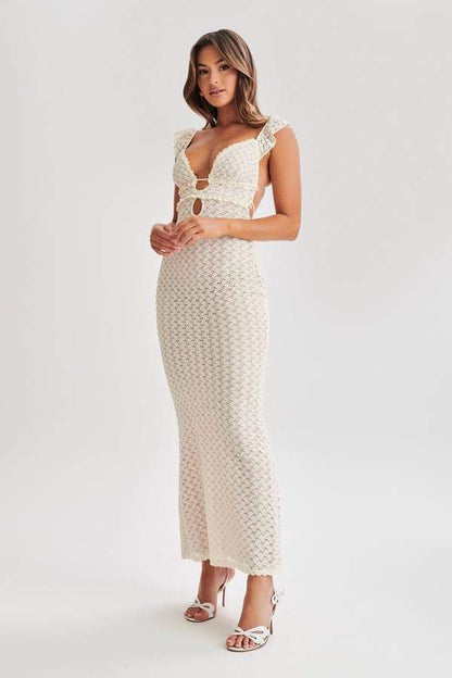 Deep V Neck Keyhole Empire Waist Crochet Open Knit Bodycon Maxi Dress