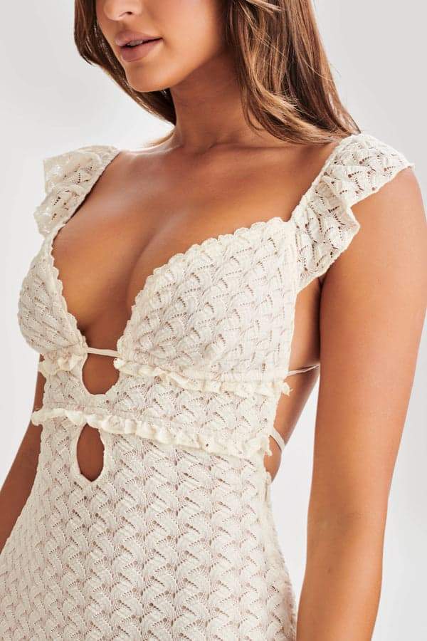 Deep V Neck Keyhole Empire Waist Crochet Open Knit Bodycon Maxi Dress
