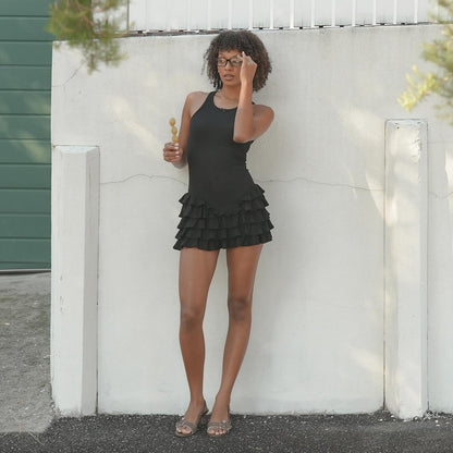 Scoop Neck Ribbed Tank Tiered Ruffle Mini Dress