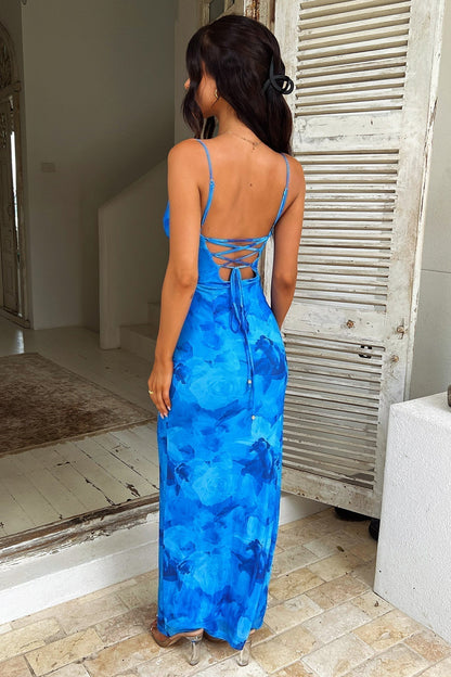 Cowl Neck Spaghetti Strap Large Floral Print Bodycon Maxi Dress