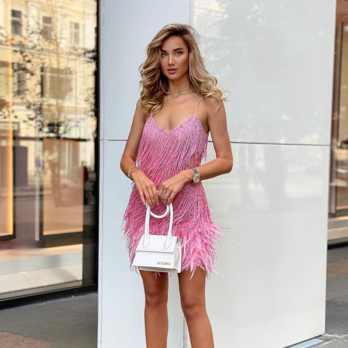 Strapless Sequin Fringe Hem Mini Dress