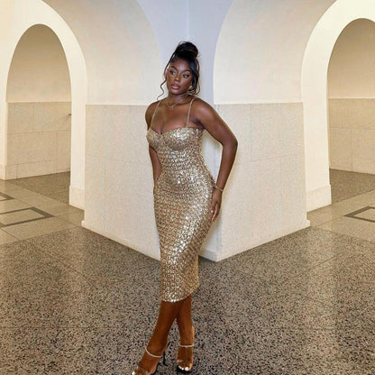 Sweetheart Neck Spaghetti Strap Sequin Corset Midi Dress