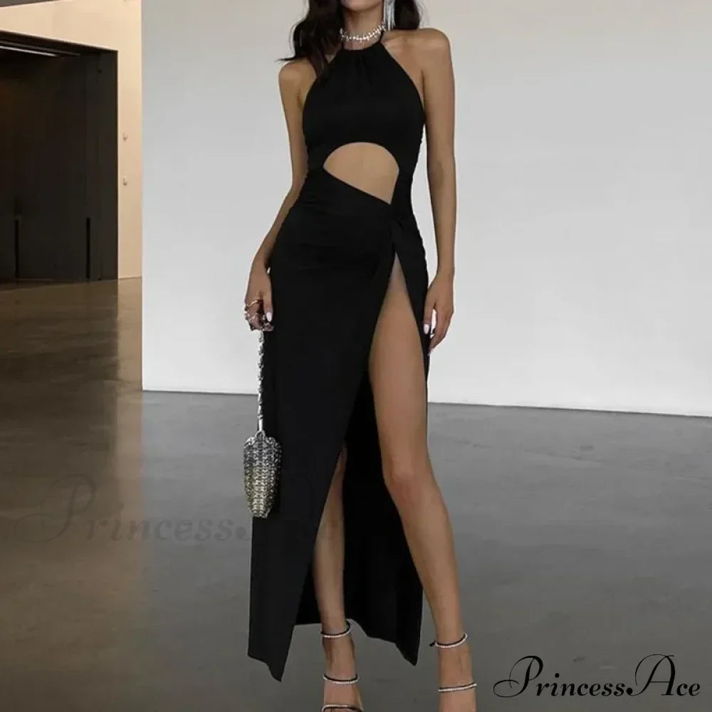 Neckline Back Split Knitted Maxi Dress