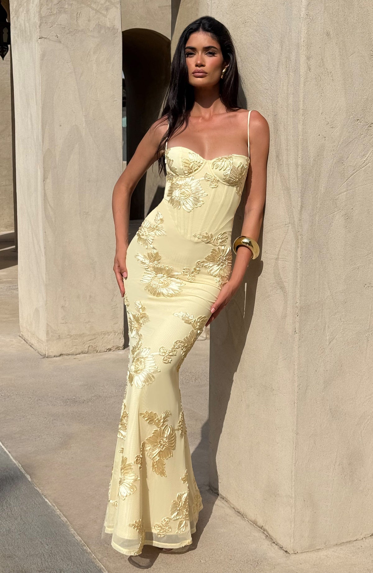 Sweetheart Neck Spaghetti Strap Corset Bodice 3D Floral Applique Mermaid Maxi Gown