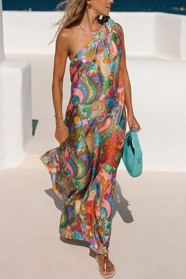Rainbow Breeze Satin Unique Print Bow One Shoulder Loose Maxi Dress