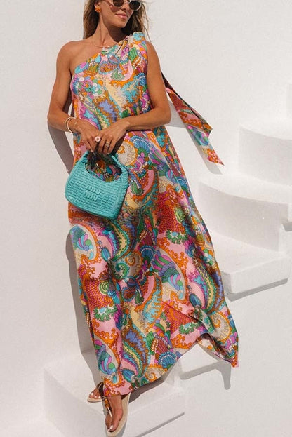 Rainbow Breeze Satin Unique Print Bow One Shoulder Loose Maxi Dress