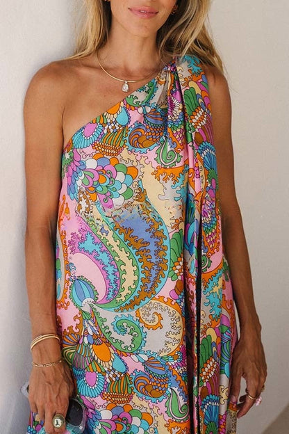 Rainbow Breeze Satin Unique Print Bow One Shoulder Loose Maxi Dress