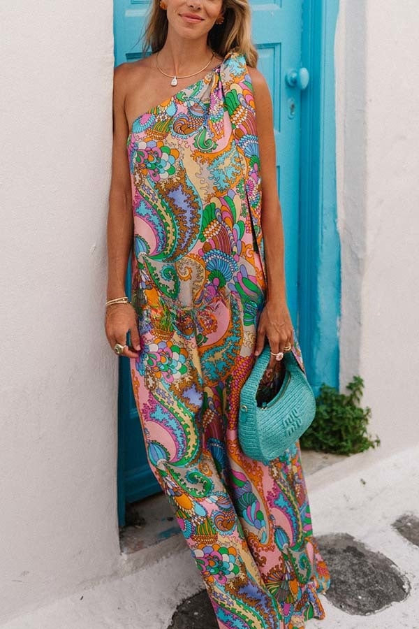 Rainbow Breeze Satin Unique Print Bow One Shoulder Loose Maxi Dress