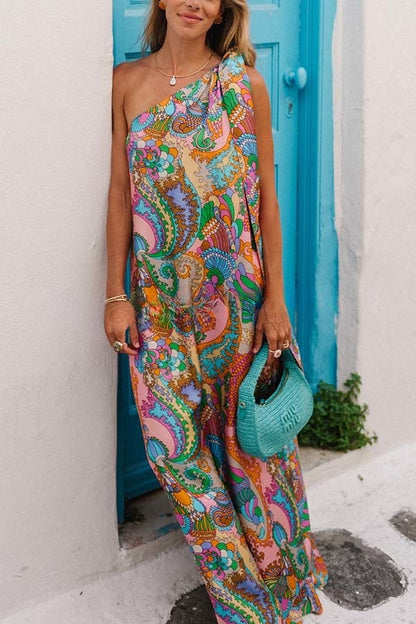 Rainbow Breeze Satin Unique Print Bow One Shoulder Loose Maxi Dress