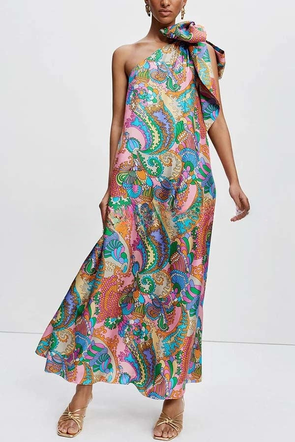 Rainbow Breeze Satin Unique Print Bow One Shoulder Loose Maxi Dress