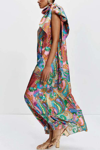 Rainbow Breeze Satin Unique Print Bow One Shoulder Loose Maxi Dress