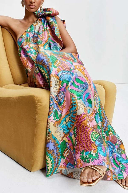 Rainbow Breeze Satin Unique Print Bow One Shoulder Loose Maxi Dress