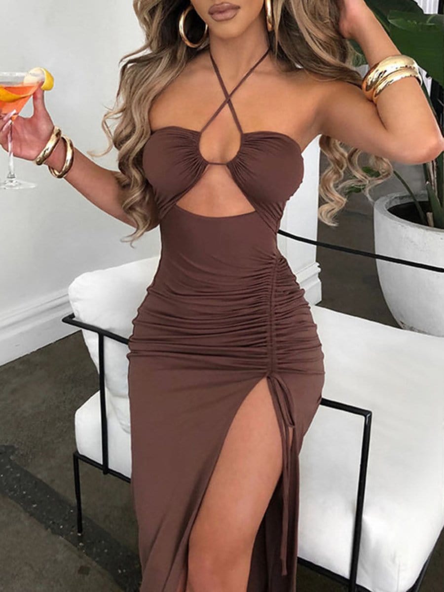 Halter Cross Strap Underbust Cut Out Ruched High Split Maxi Dress