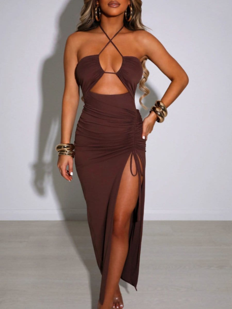 Halter Cross Strap Underbust Cut Out Ruched High Split Maxi Dress